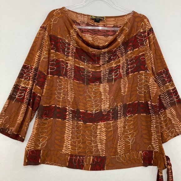 Mirasol size 2X Brown Leaf Artsy Print Slinky Knit Stretch Tie Hem Boho Top - Picture 1 of 8